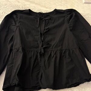 Black Peplum Blouse with Tie Front and Mandarin Collar